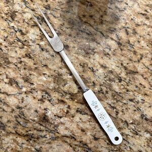 VINTAGE EKCO Serving/Carving Fork, White & Blue Folk Art Tulip Handle, Chromium